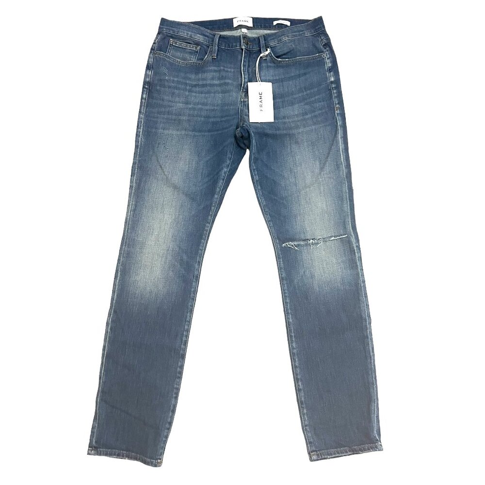 FRAME L'HOMME Men's Size 34x34 Mid Rise Skinny Fit Distressed Jeans Pants Blue
